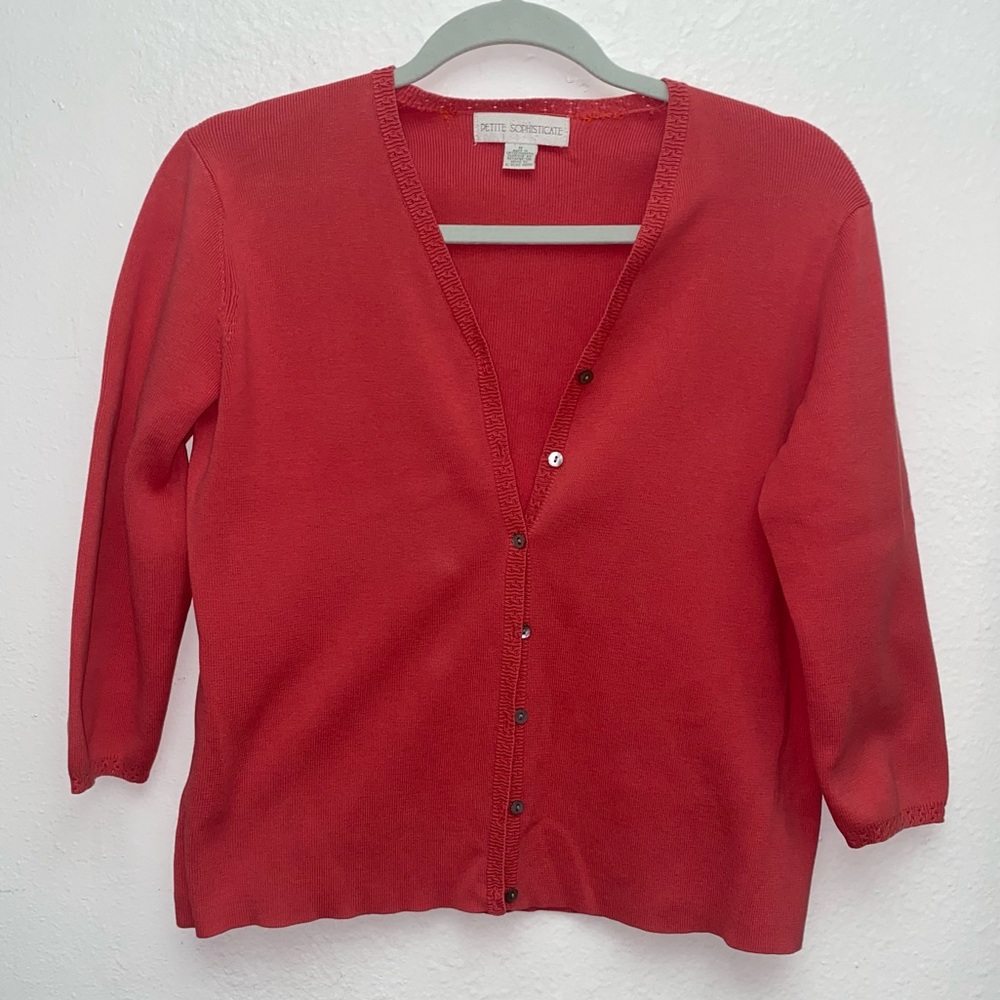 Petite sophisticate 3/4 quarter sleeve coral cardigan